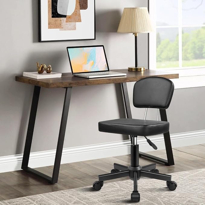 WKWKER Rolling Stool Chair with Backrest Height Adjustable 360° Swivel Stool with Wheels Square Seat PU Leather Rolling Stool for Bedroom Counter Shop Salon Massage Home Office Drafting Work (Black)