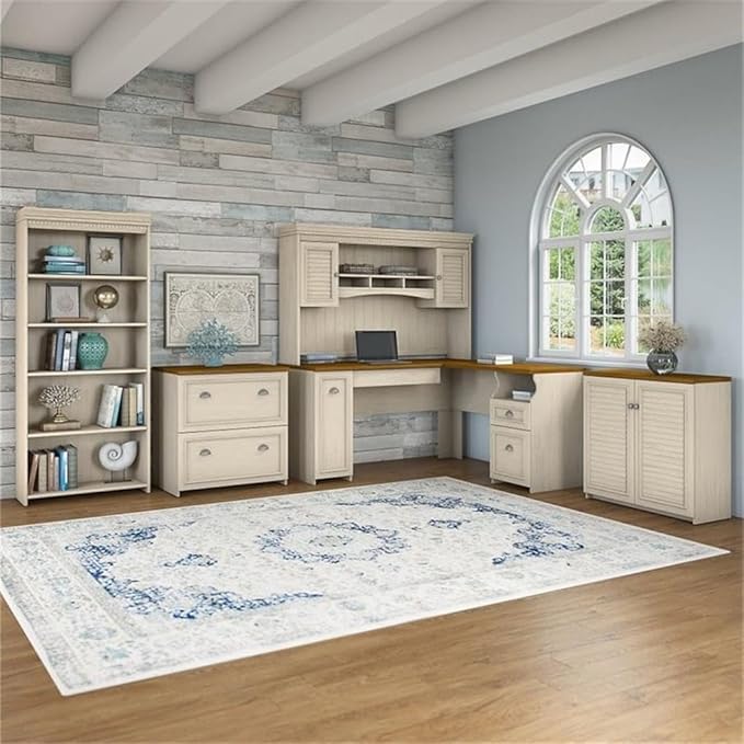 Pemberly Row 5 Pc Office Set, L Shaped Desk w/Hutch, 60W Engineered Wood, Antique White Finish, Bookcase, File Cabinet, Storage Cabinet, Modern Farmhouse Style for Home Office Use