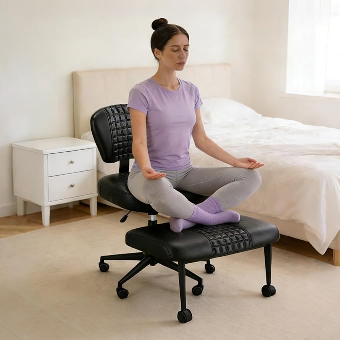 Ergonomic Cross Legged Office Chair with Footrest, 360° Swivel Height Adjustable PU Criss Cross Chair, Wide Seat & Back Support for Home Office, ADHD, Black
