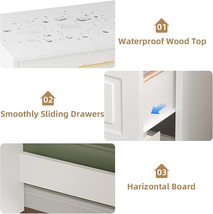 4 EVER WINNER White Desk with Drawers, 44 Inch Computer Desk with Storage and Golden Handle, Writing Desk Sturdy Table for Home Office, White and Gold Desk