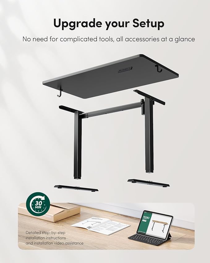 CubiCubi 40 x 24 Small One-Piece Standing Desk, Adjustable Height Electric Computer Sit Stand up Home Office Workstation, with 4 Memory Presets, Headphone Hook, Black