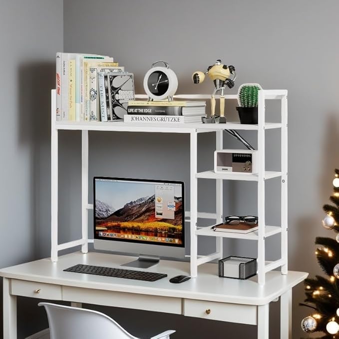 38.6" Book Shelf with 3 Tier Open Shelves Bookshelf and Desk Shelf to Combined for Computer Desks, Desk Hutch for Top of Desk, Bookcase for Dorm or Office, Adjustable Desktop Shelfs, White