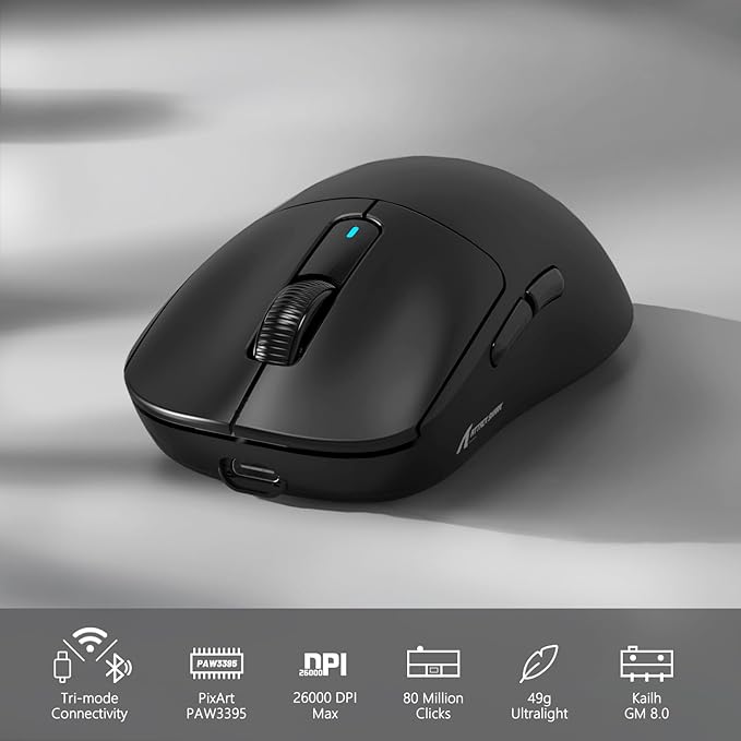 MAMBASNAKE Attack Shark X3 Wireless Gaming Mouse, 49g Ultralight, PixArt PAW3395 26000 DPI, Bluetooth/2.4Ghz /Wired Tri-Mode, 200Hrs Rechargeable Battery, Kailh GM8.0 Switch for PC/MAC/Win - Black