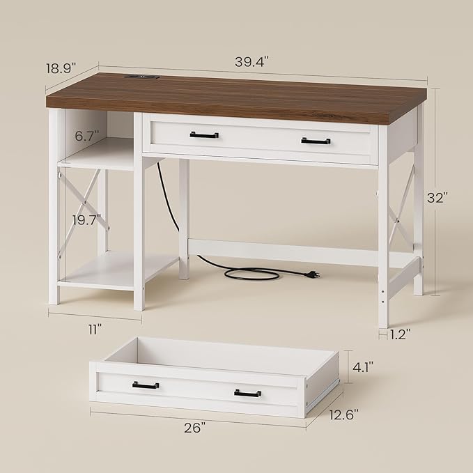 SEDETA Farmhouse Small Desk with Drawers, 40" Computer Desk with Storage Shelves, White Writing Desk for Small Space and Power Outlet, Desk for Bedroom, Home Office