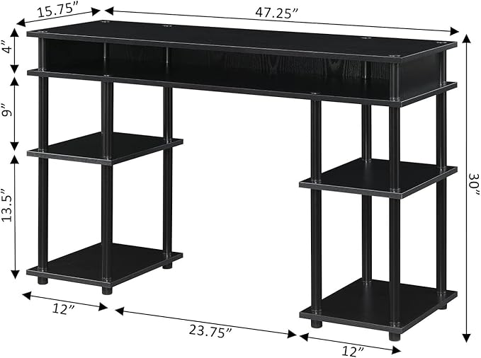 Convenience Concepts Designs2Go No Tools Desk Home Office Desk with Shelves, Corner Shelf Vanity Desk Computer Desk Nail Table for Nail Tech - 47.25" L x 15.75" W x 30" H, Black/Black