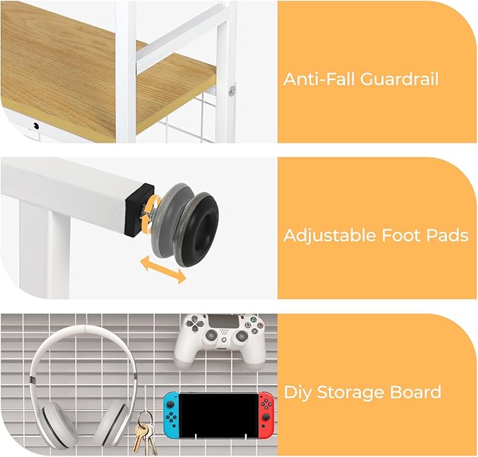 FAHKNS 2-Tier Desktop Bookshelf - Metal Desktop Bookshelf Organizer，Desk Book Organizer with 3 Hooks & DIY Storage Mesh，Suitable for Office/Game Room/Study/Powder Room（White）