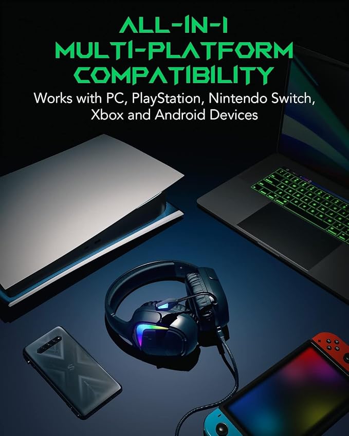 Black Shark Gaming Headset for PC, PS4, PS5, Switch, All-in-1 Gaming Headphones with Ultra-Clear Bendable Mic, 50mm Dynamic Drivers, Noise Isolation Ear Cushions, in-line Controls - Goblin X1