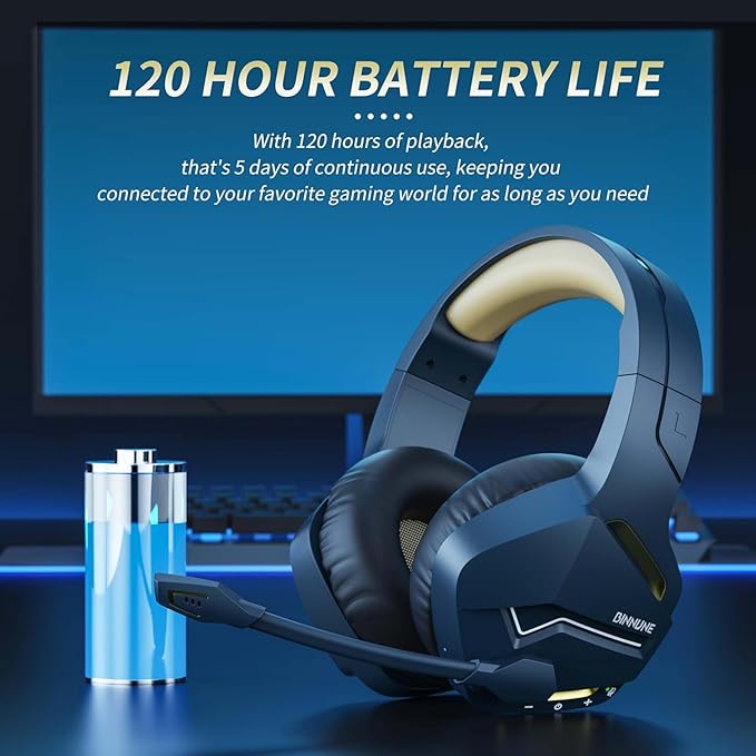 BINNUNE 2.4GHz Wireless Gaming Headset, Bluetooth 5.3 Gaming Headphones with Noise Canceling Mic, 120H Ultra-Long Battery, 50mm Drivers, Multi-Platform for PC / PS5 /PS4/ Switch/Mobile, Gold