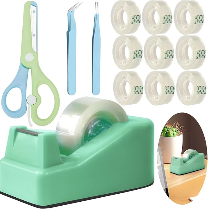 XEUZK Desktop Tape Dispenser Kits with Weighted Nonskid Base Tape Dispenser- Includes 9 Rolls of Transparent Tape(0.71 Inch x 500 inches Each) & Blue Scissors, 2 Pcs Tweezers (Green)