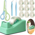 XEUZK Desktop Tape Dispenser Kits with Weighted Nonskid Base Tape Dispenser- Includes 9 Rolls of Transparent Tape(0.71 Inch x 500 inches Each) & Blue Scissors, 2 Pcs Tweezers (Green)
