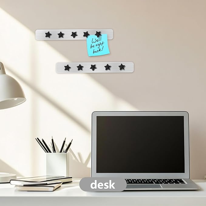 Magnetic Board - Frameless Stainless Iron Magnetic Strips with Adhesive Backing, 6pcs Magnet Board for Wall, Bulletin Bar Board with 10 Pieces Black Star Magnet, Memo Bar for Office School Home