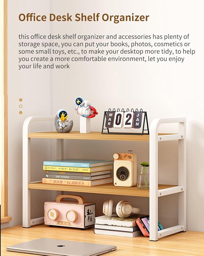 Office Desk Shelf Organizer, Wood Desktop Bookshelf Supplies Storage Rack, Shelf for Top of Desk and Dresser and Cubicle Decor Aesthetic Bookshelf (White Wood-Two Tier)
