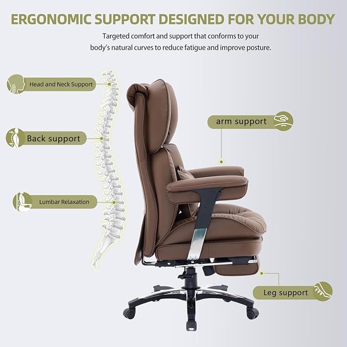 Efomao Desk Office Chair, X-Embroidery Big and Tall PU Leather Home Chair, Adjustable High Back Computer Gaming Chair, 200kg Swivel Executive Office Chair with Footrest and Lumbar Support, Brown