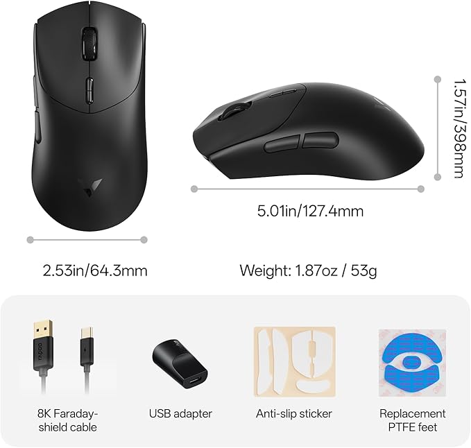 Rapoo VT7 MAX Wireless Gaming Mouse, True 8K Wireless Polling Rate, 53g Lightweight, Up to 750 Hr Battery, Nordic nRF54L15 MCU, 120-Million Optical Switch, 10 Programmable Buttons, Macro Enabled