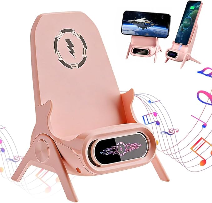 Mini Chair Wireless Fast Charger Multifunctional Phone Holder, 2026 New Wireless Fast Charger Phone Stand with Speaker, 3 in 1 Charging Desktop Stand for Cell Phones (Pink)