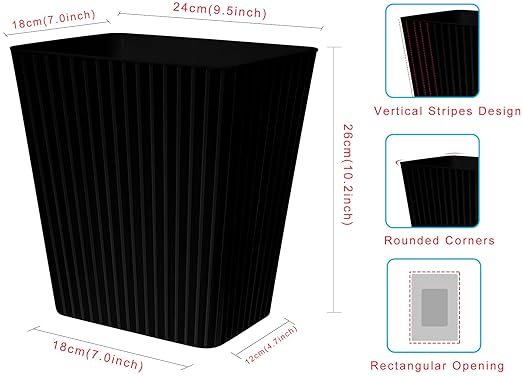 DAJITRE Plastic Small Trash Can, 3.5 Gallon Rectangular Wastebasket for Bathrooms, Laundry Room, Kitchens, Offices, Kids Rooms, Dorms (1, Black)