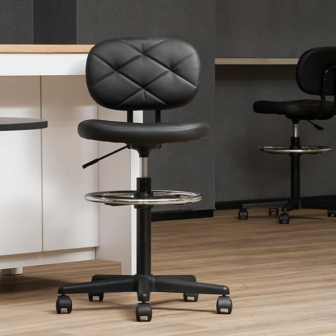 KLASIKA PU Leather Rolling Stools with Foot Rest and Back Support, Adjustable Diamond Upholstered Drafting Chair with Wheels, Multi-Purpose Desk Chair for Home Office Bar Kitchen Shop, Black (2PK)