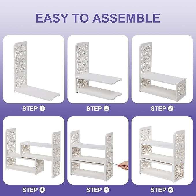 EARTHSON Desk Organizer Shelf, Expandable Bookshelf for Desk, Small Desktop Bookshelf, Mini Cute White Adjustable Office Desk Shelves