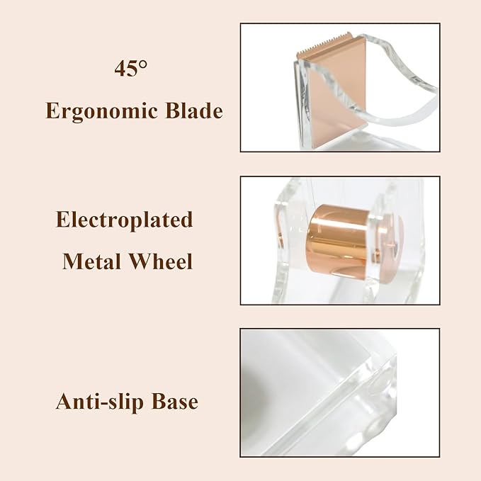 Gold Tape Dispenser, Clear Acrylic Desk Tape dispensers with Serrated Metal Edge, Modern Aesthetic Office & Craft Tape Organizer for Gift Wrapping, 1 Inch Core, Non-Slip Weighted Base