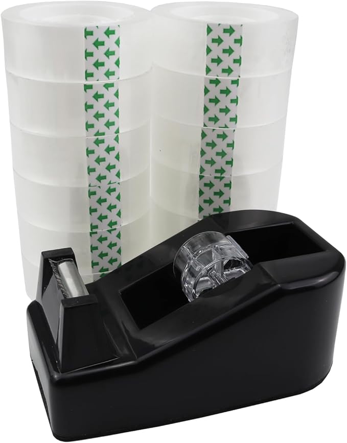 Desktop Tape Dispenser,1 Pack Black Tape Dispensers with 12Rolls Transparent Tape, for Packaging in Office,Restaurant, Flower Shop,Cake Shop (Black)