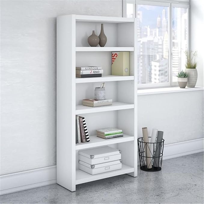 BBF Bush Business Furniture Echo 2 Piece L Shaped Desk and 5 Shelf Bookcase Set in Pure White
