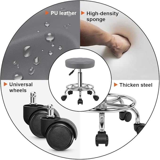 KKTONER Round Rolling Stool Chair PU Leather Height Adjustable Swivel Drafting Work SPA Shop Salon Stools with Wheels Office Chair Small (Gray)
