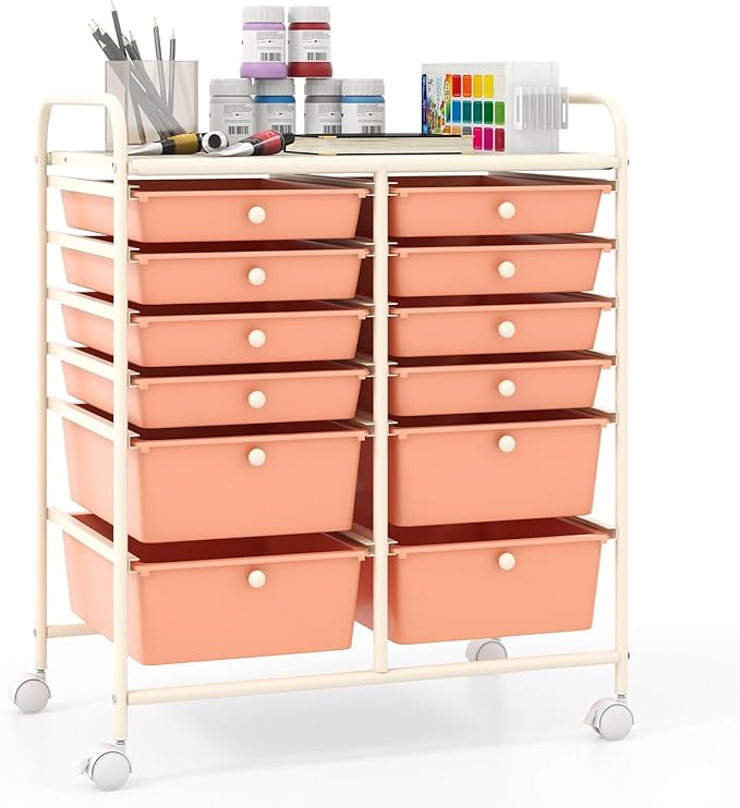 Moccha 12-Drawer Rolling Storage Cart - Utility Cart on Wheels with Lockable Casters for Craft Art Supply Paper Salon, Mobile Drawer Carts for Classroom Teacher School Office (Peach)