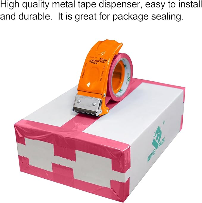 BOMEI PACK Metal Packing Tape Dispenser, 2inch Heavy Duty Handheld Heavy Duty Tape Holder, 2Pcs, Orange + Blue