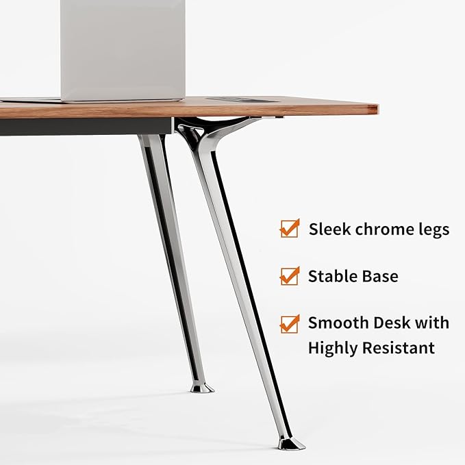71-Inch Executive Desk, Computer Office Desk Workstation with Chrome-Plated Legs and Built-in Power Outlet, Writing Table Business Furniture, Modern Minimalist Style for Home Office, Walnut Brown