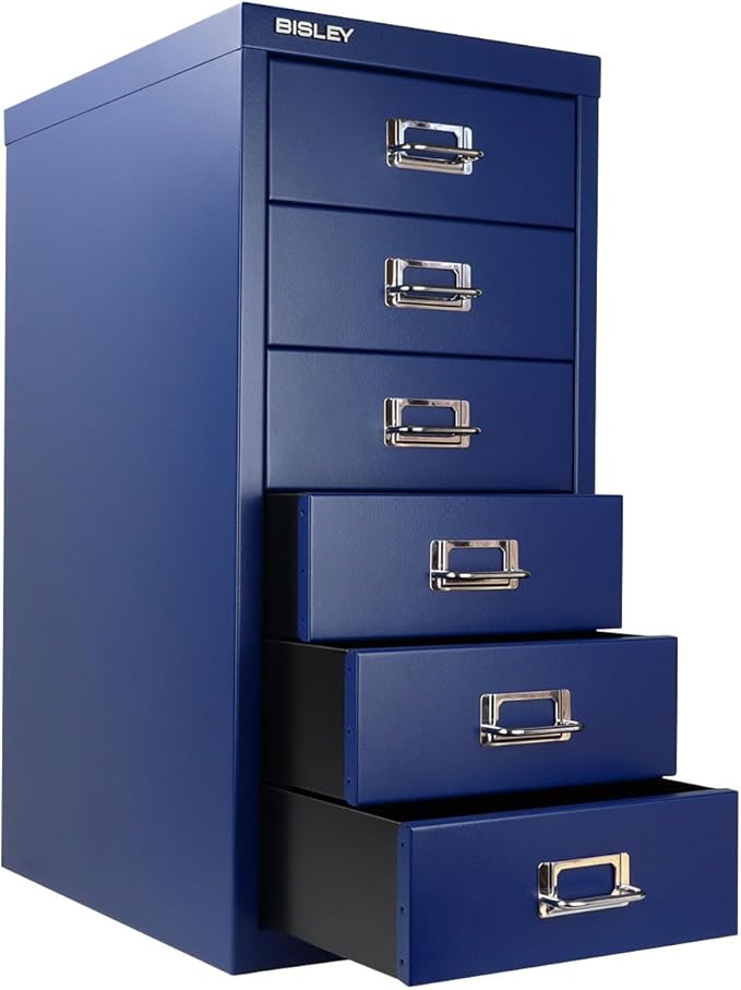 Bisley 6-Drawer Steel MultiDrawer Cabinet - Oxford Blue, Chrome Pull Handles with Label Holders, Powder-Coated Steel, Removable Drawers, Fits Under Most Desks, Labels Included
