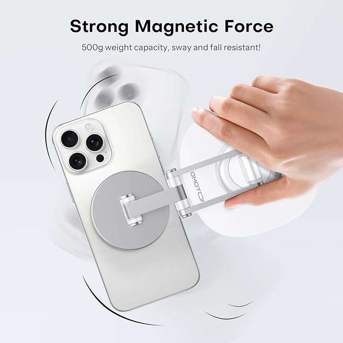 OMOTON 360°Rotating Magnetic Phone Stand for Desk, Adjustable Foldable Aluminum for MagSafe Cell Phone Stand Holder with Non-Slip Base, for iPhone 17/16/15/14 Pro Max Air/MagSafe Case, White