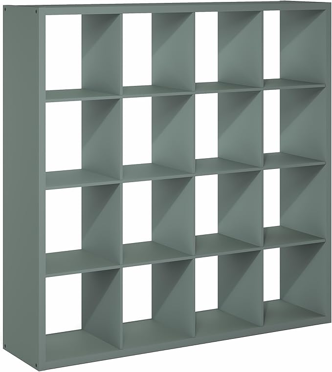 Furinno Cubicle Book Shelf, 16-Cube Bookshelf, Extra Thick Frame Reversible Bookcase with Open Back, 14.6" x 58" x 58", for Living Room, Bedroom, Home Office, Sage Green