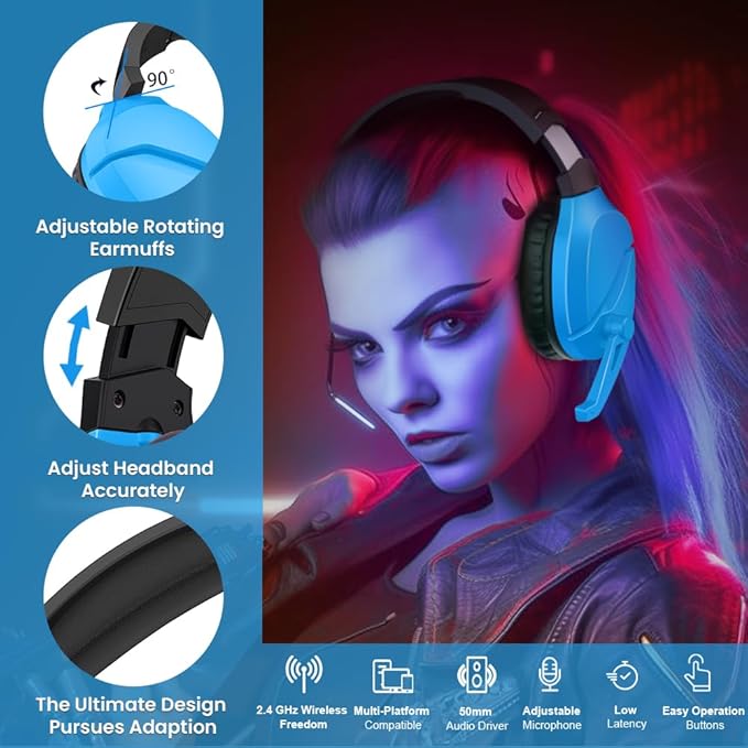 WolfLawS Wireless Gaming Headset with Noise Canceling Microphone for PS5, PC, PS4, 2.4G/Bluetooth Gaming Headphones with USB and Type-c Connector, Wired Mode for Controller - Blue