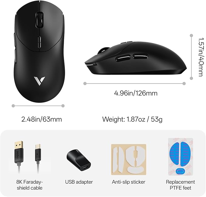 Rapoo VT2 Wireless Gaming Mouse, True 8K Wireless Polling Rate, 53g Lightweight, Up to 750 Hr Battery, Nordic nRF54L15 MCU, 100-Million Mechanical Switch, 10 Programmable Buttons, Macro Enabled