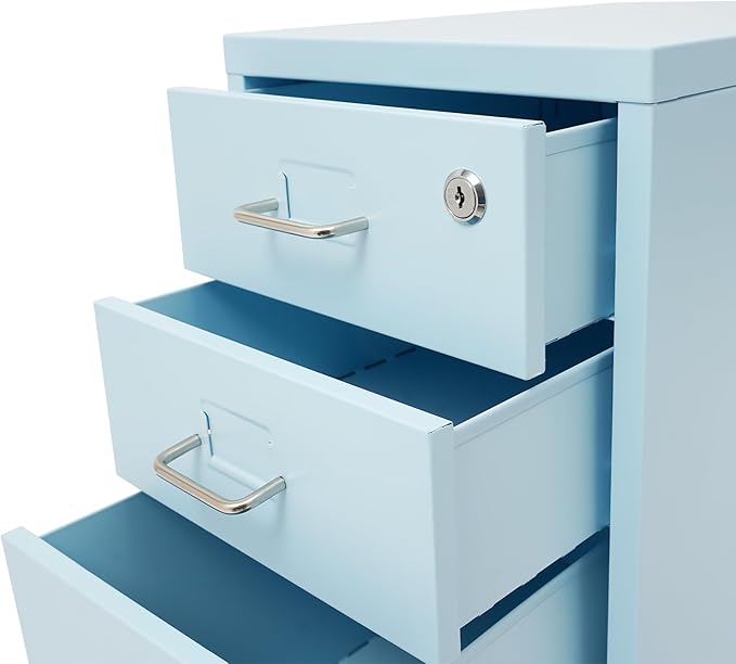 File Cabinet with Lock, 3-Drawer Vertical File Cabinet, 11 * 16 * 18.3In Metal File Cabinet with Wheels for Home Office (Blue)
