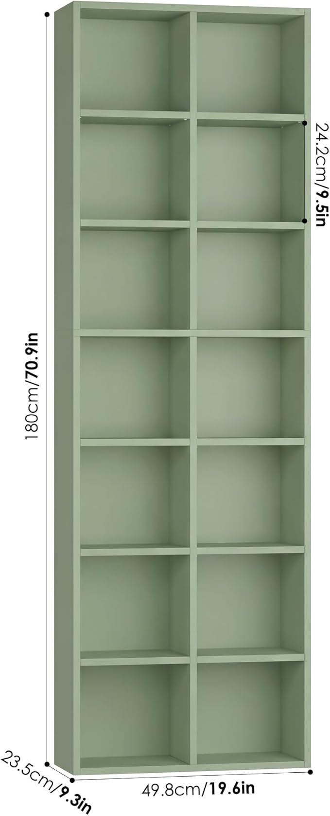 FOTOSOK 71'' Tall Bookshelf with 14 Cubes, 7 Tier Double Wide Bookshelf with 6 Adjustable Shelves, 19.6" Narrow Bookcase DVD/CD Media Storage Shelf, Space Saving Display Shelf Cabinet, Green