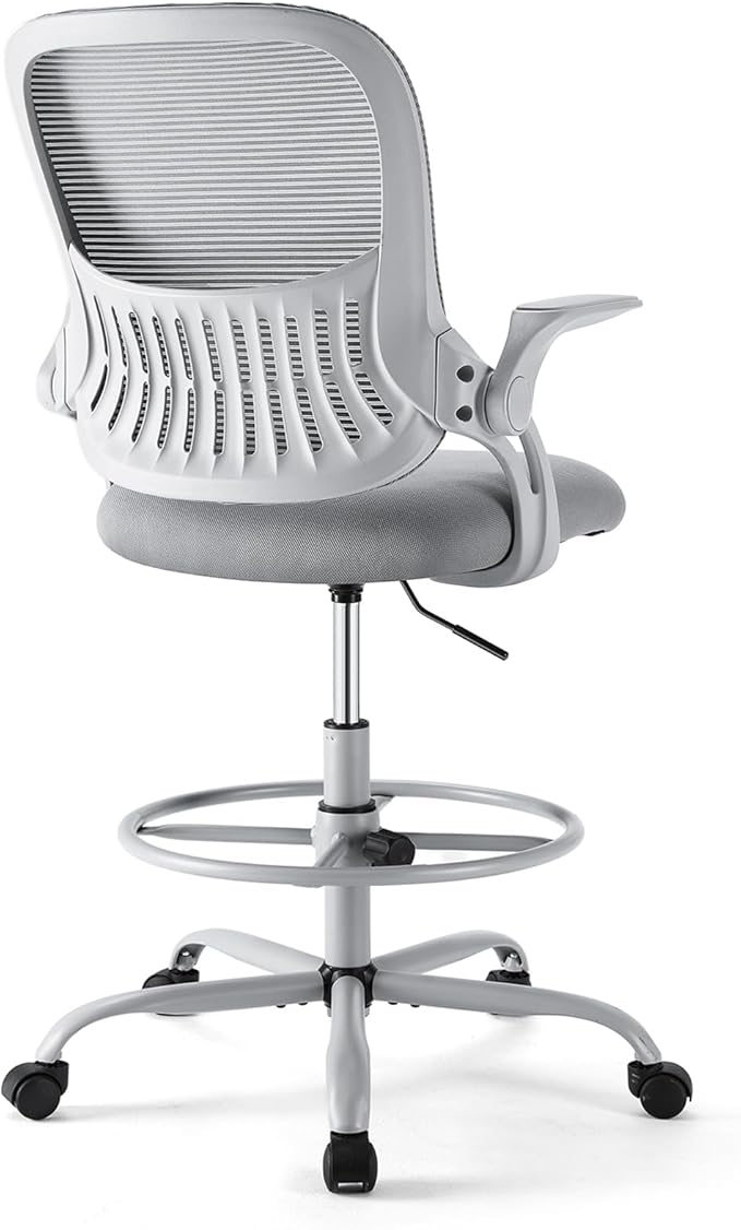 DUMOS Drafting Chair for Standing Desk, Counter Height Adjustable, Flip-up Arms, Ergonomic Mid Back Mesh Rolling Work Swivel Office Computer Chairs with Wheels, Grey
