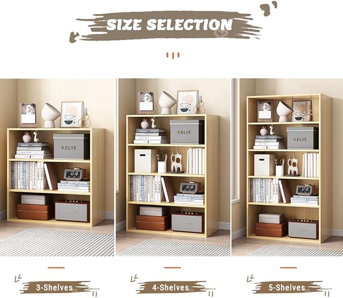 NELYE Basic Open Shelf Bookcase - 5-Tier Wooden Cube Storage Shelves Split Bookshelf, Oak