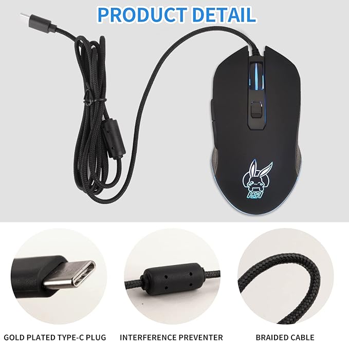 IULONEE USB Type C Wired Mouse,Silent Computer Mouse Optical Gaming Mice Ergonomic 7 LED Backlight 2400 DPI 6 Buttons for Office Home Windows PC,Laptop,Desktop,Notebook,MacBook (Type-C Black)