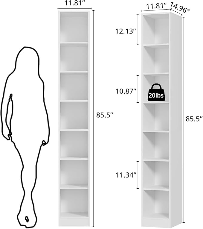TUSY 85.5 Inch Tall Bookshelf with Doors - 7 Tier Bookcase with Glass Doors and Drawer, 23.6" Wide Storage Cabinet with Open Shelves for Living Room, White Book Shelf for Home Office, Study (C)