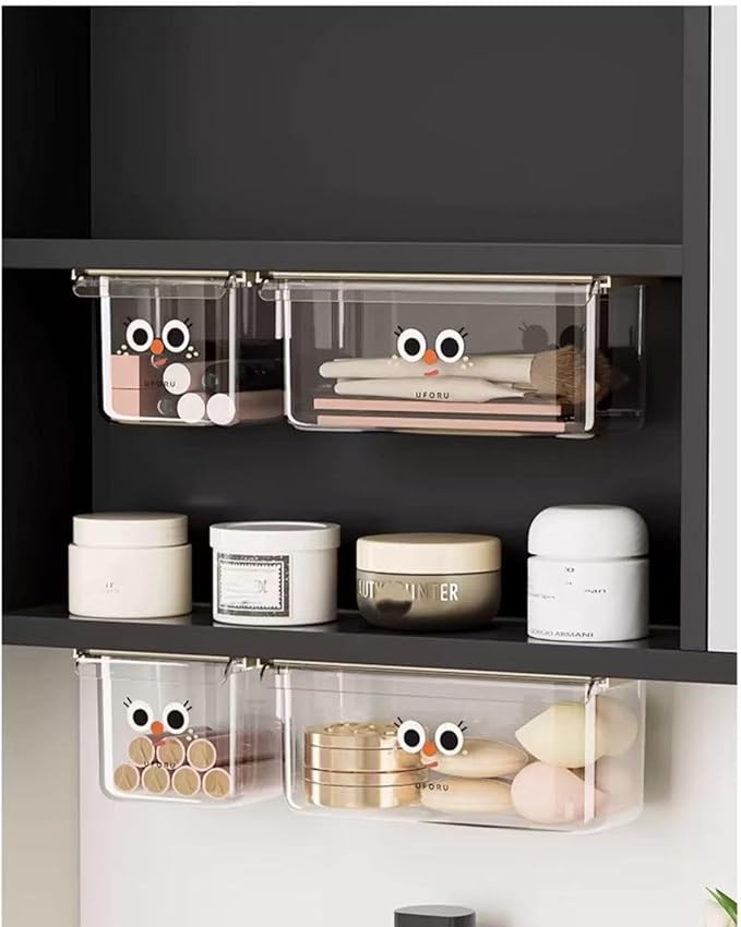 Self-Adhesive Under-Desk Drawer Slide-Out Organiser With Hanging Clear Acrylic Shelf Storage Organiser For Office Kitchen, Cupboards, Tables, Counters For Added Space (Large + Small) Two-Piece Set