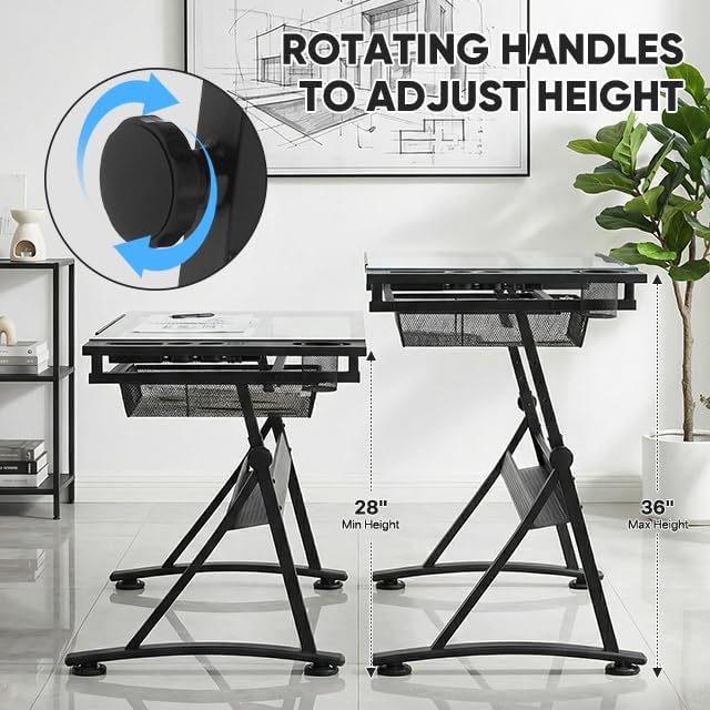 Magshion Professional Drafting Table for Teens w/Stool, Tilting GlassTabletop & Adjustable Height, Art Craft Desk Watercolor Paintings Sketching Work Station for Studio Home Office School (Clear)