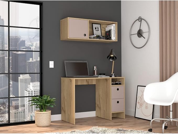 Aramis Office Set with 2 Shelves, 2 Drawers, Wall Cabinet, Single Door Cabinet, and Metal Hardware, Light Oak/ Taupe