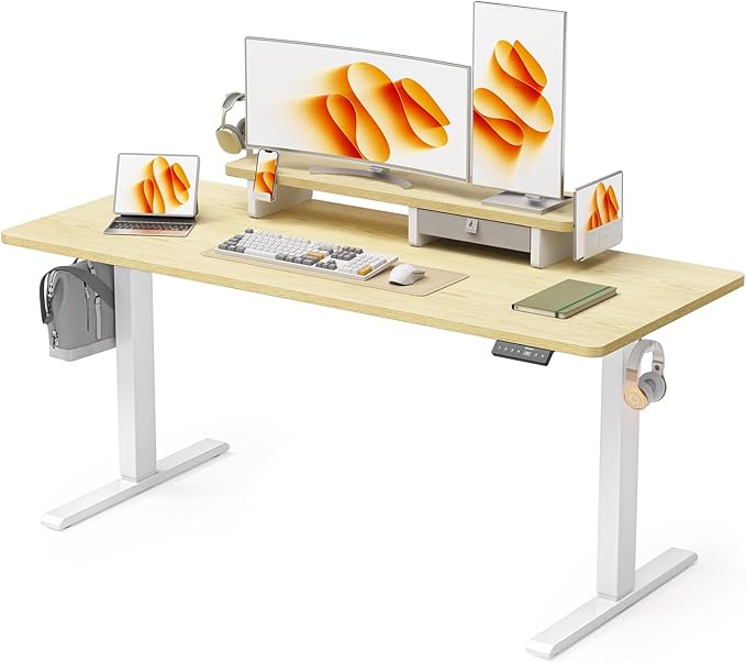 WALKINGDESK 63x24 Inches Electric Standing Desk with Drawer and Monitor Stand, Height Adjustable Sit to Stand up Desk for Home Office, Ergonomic Computer Table with Phone Holder, 3 Hooks, Oak