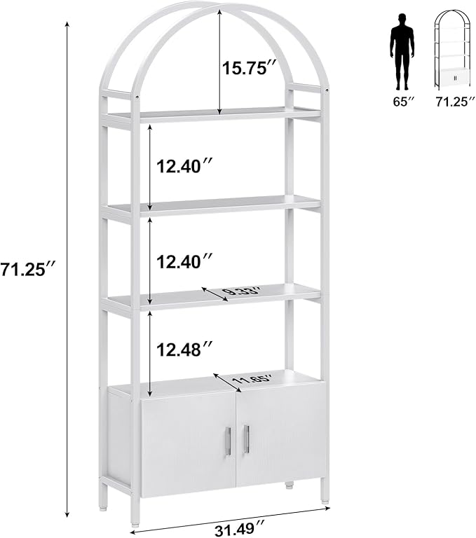 Jehiatek Arched Bookshelf, Bookcase with Doors Storage, 71 Inches Tall Industrial Book Shelf with Sturdy Metal Frame, E1 Quality Boards, Freestanding Display Shelving Unit, White