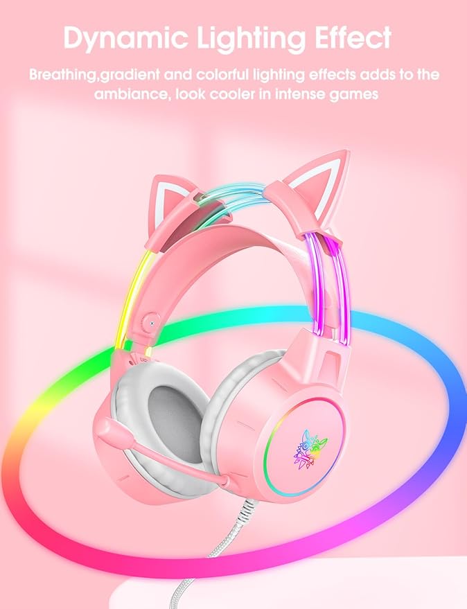 Lightweight Gaming Headset with Detachable Cat Ears, RGB Lighting, Wired Over Ear Headphones with Mic for PC, PS4, PS5, Switch, Stereo Surround Sound, Self-Adjusting Headband