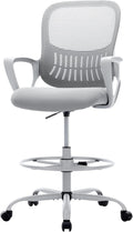 Sweetcrispy Tall Drafting Desk Chair - Ergonomic High Stool Computer with Adjustable Height and Comfy Lumbar Support, Office Rolling Counter with Flixed Arms and Footrest, Grey