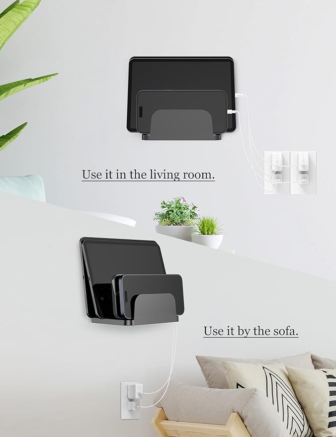 Wall Mount Phone Holder for Smartphones and Tablets, Phone Shelf with 4-Slot Docking Station Compatible with Tablet, ipad, Kindle Wall Charging Organizer (Black)