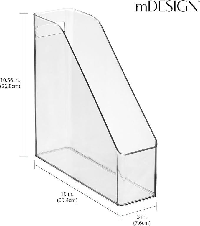 mDesign Plastic Slim Vertical File Folder Storage Organizer Bin with Handle, Hold Notebooks, Binders, Envelopes, Magazines for Home Office, Work Desktops, Ligne Collection, 4 Pack, Clear
