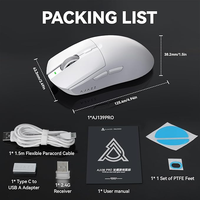 A.JAZZ AJ139 G Pro 4K Wireless Gaming Mouse Ultra-Lightweight with Dual Mode-Type C Wired/2.4Ghz USB Receiver up to 26000DPI 6 Programmable Button Ergonomic Symmetric for PS4 Xbox PC Mac Gamer(White)